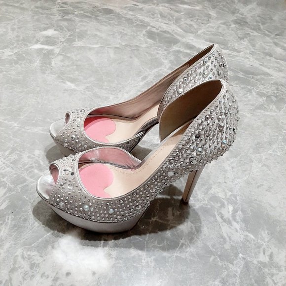 Aldo Silver Studded Embellished Gray Platform Slip On Pumps SZ 7B Wedding Prom - Picture 3 of 7